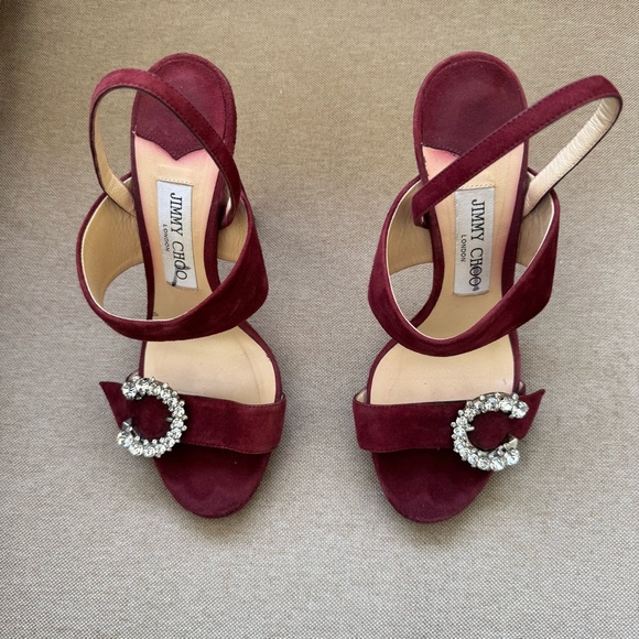 JIMMY CHOO Size SAPHIE Burgundy Suede Crystal Heels Sandals Shoes EU 37 US 7 - Picture 14 of 15